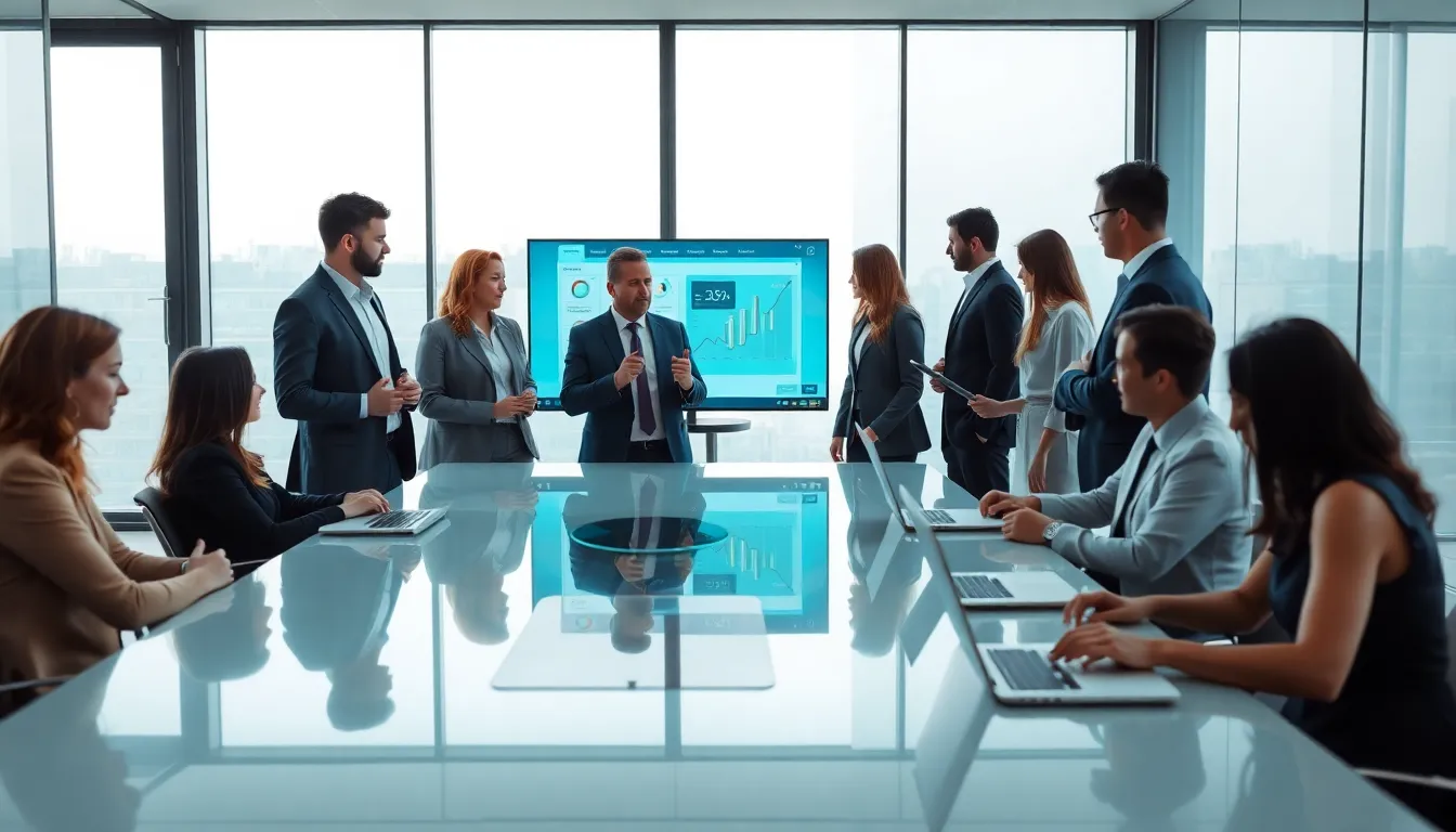 diverse professionals discussing in a modern office setting.
