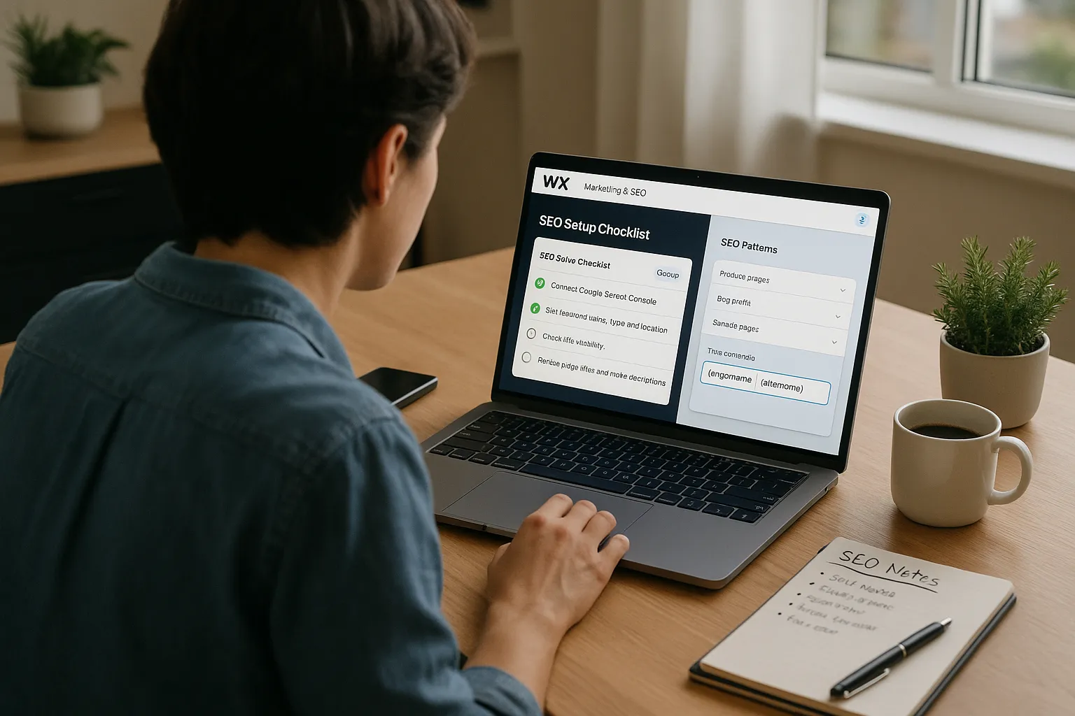 Person using Wix SEO Setup Checklist and SEO Patterns on a laptop at home.
