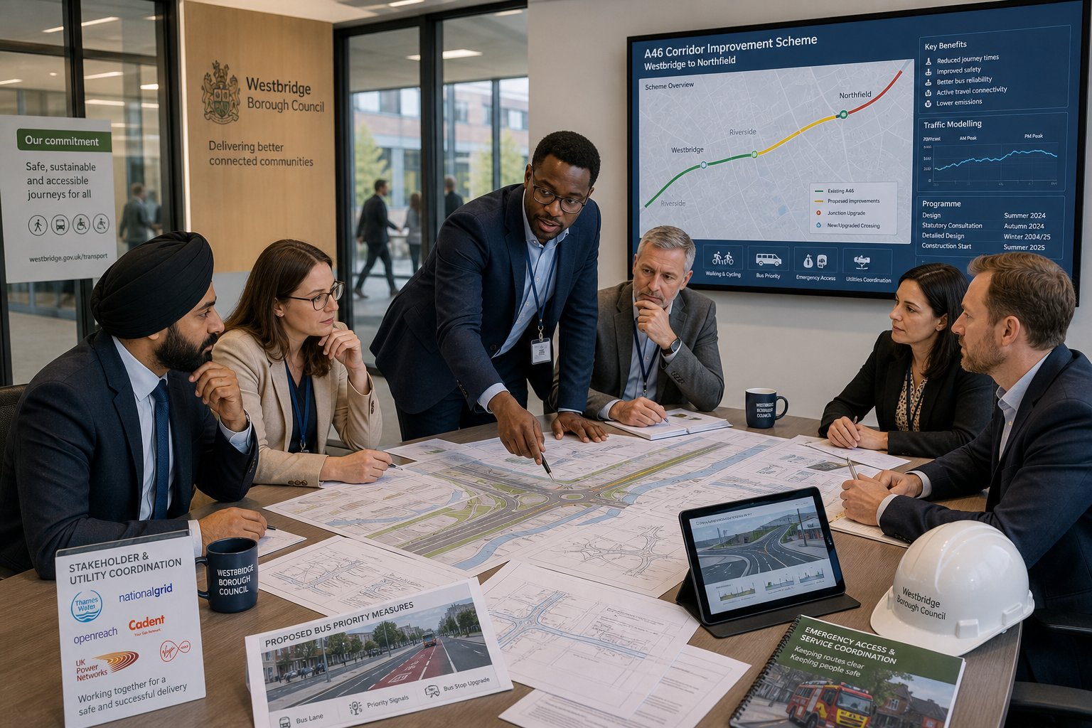 Highway engineers and public sector planners reviewing a UK road scheme.