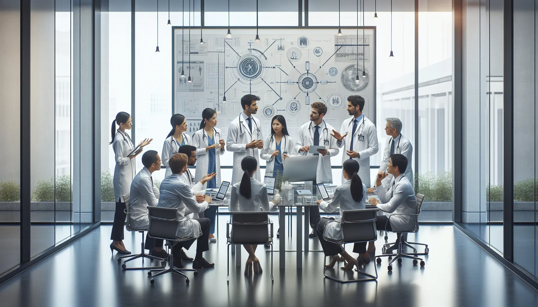 diverse healthcare professionals discussing medical terminology in a modern office.