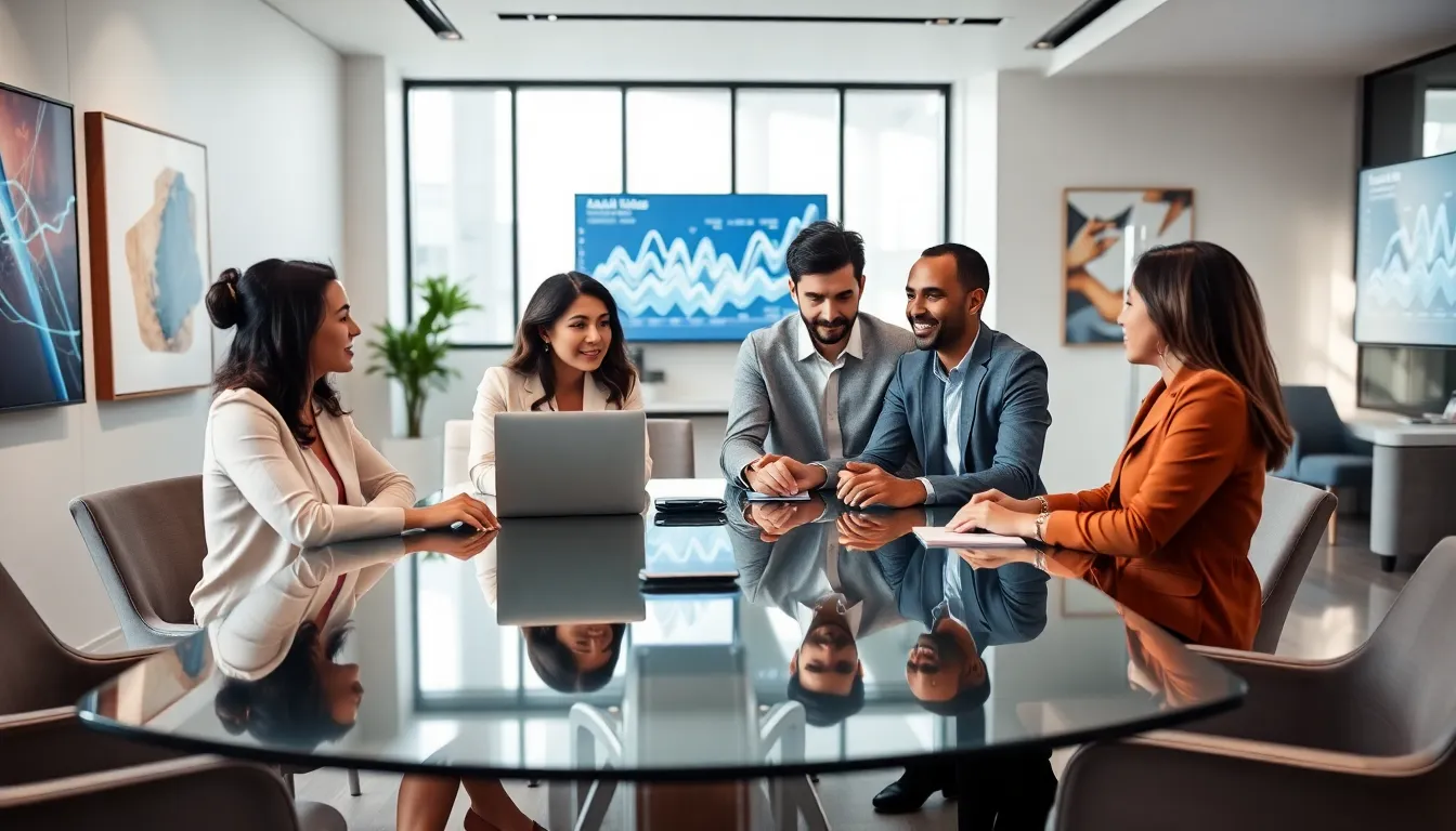 diverse professionals discussing data analysis in a modern office.
