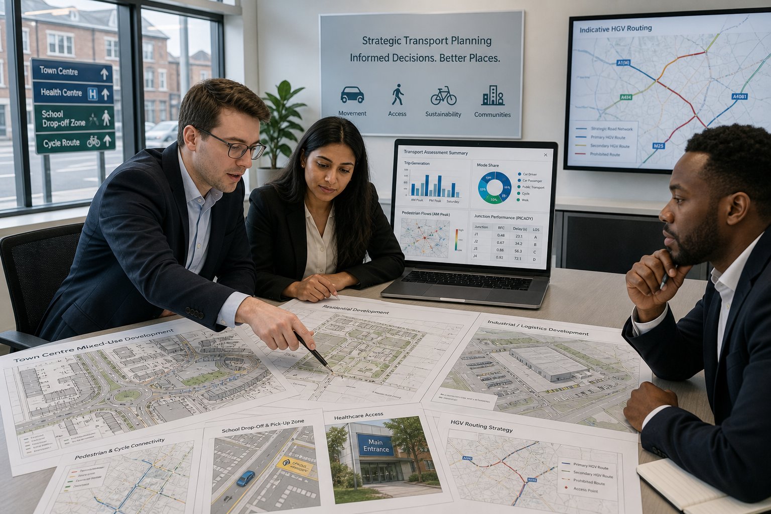 Transport planning consultants reviewing UK development site plans in a modern office.
