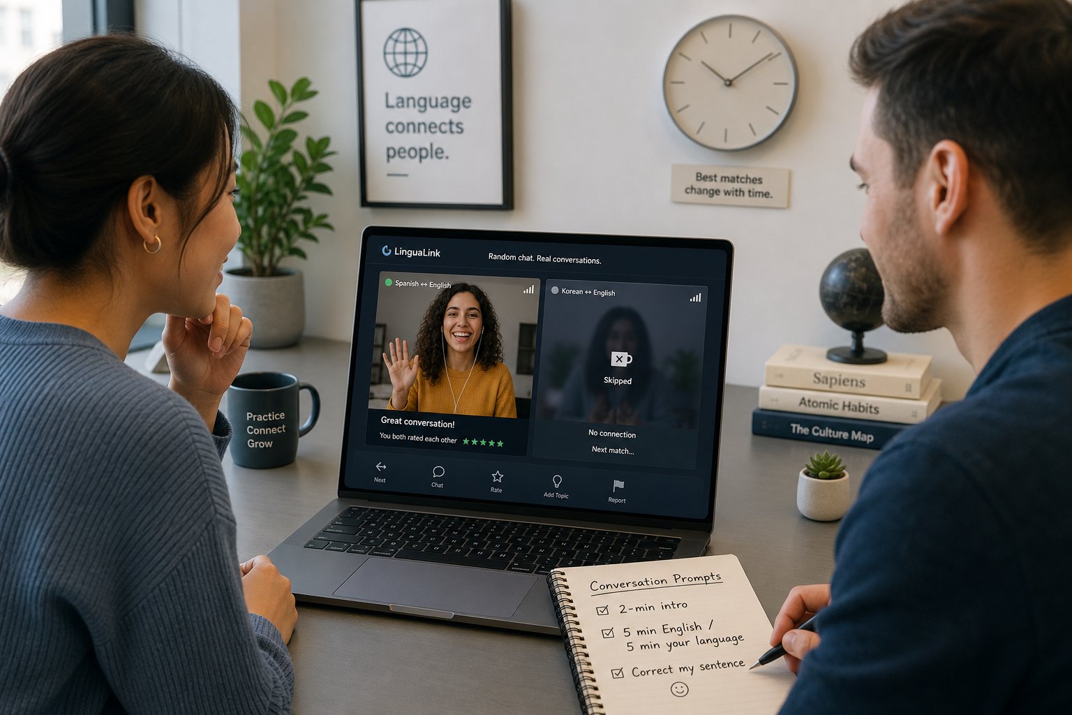 Professionals using a laptop to practice language exchange on a chat platform.