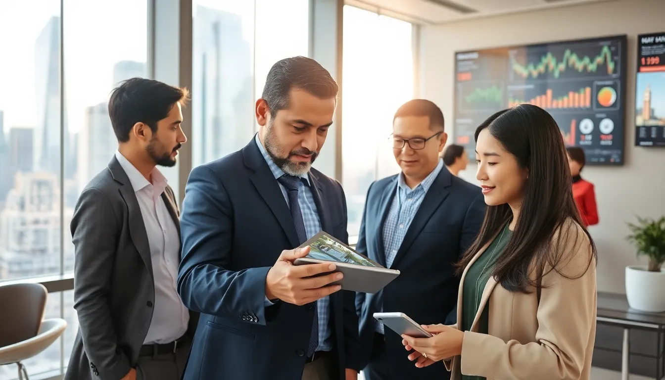 a diverse team discussing real estate using advanced technology in a modern office.