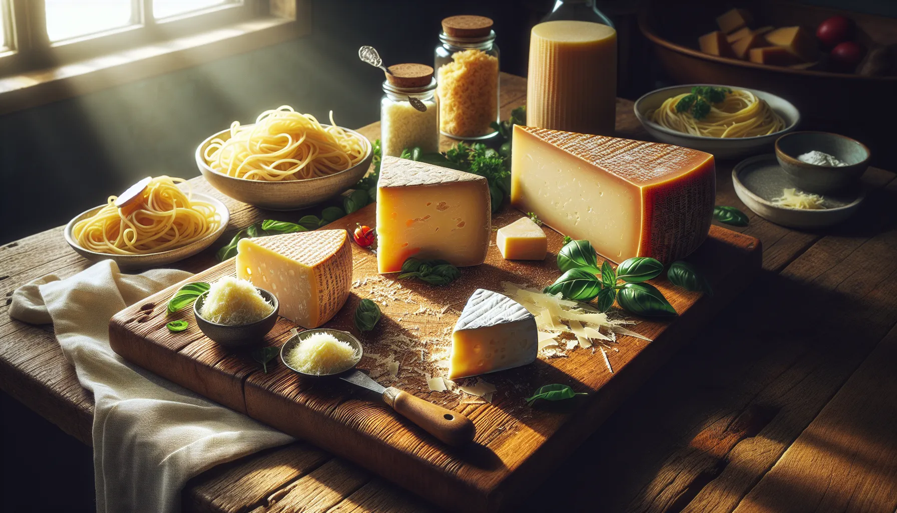 Parmigiano-Reggiano and Pecorino Romano on a cutting board with dishes in a rustic kitchen.