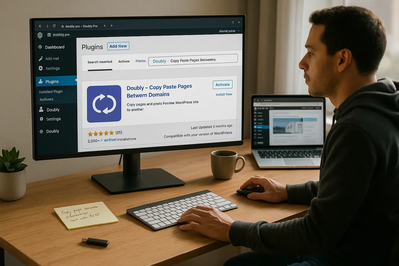 Person installing the Doubly WordPress plugin on a computer in a home office.
