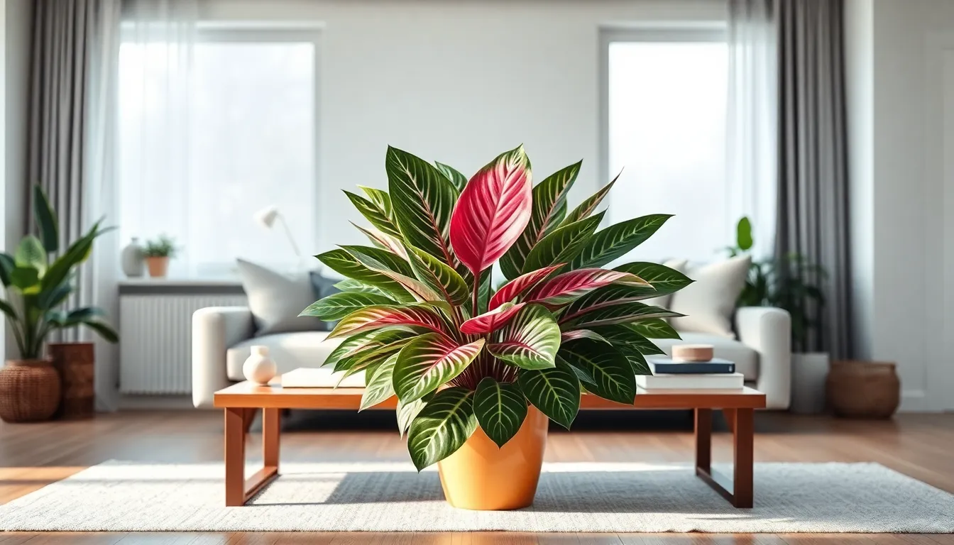 vibrant Aglaonema plant in a modern indoor setting.