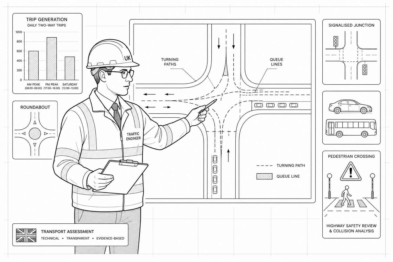 Traffic engineer reviewing junction traffic and road safety analysis.