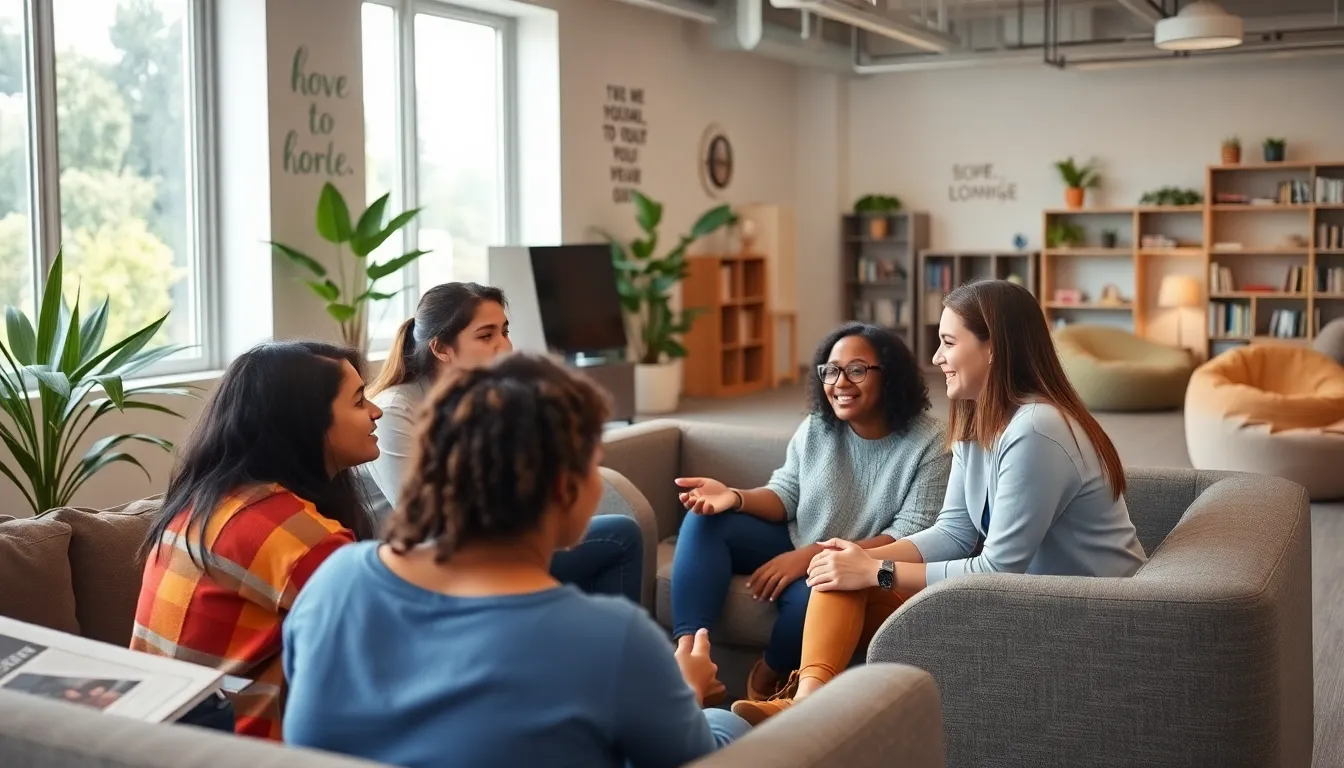 diverse teens in a modern mental health facility discussing with a professional.