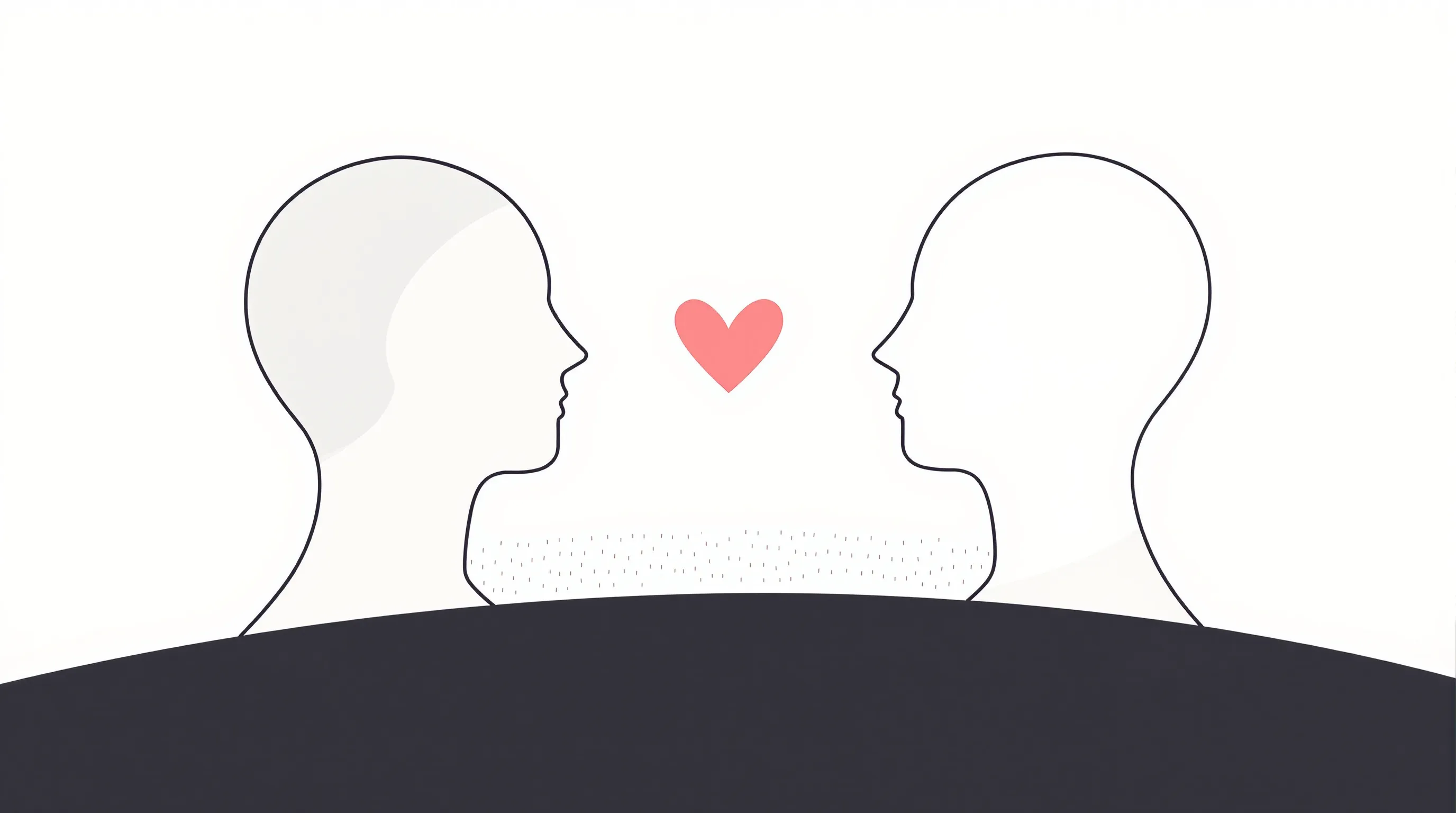 Two simplified silhouettes connected by a heart icon on a clean background.