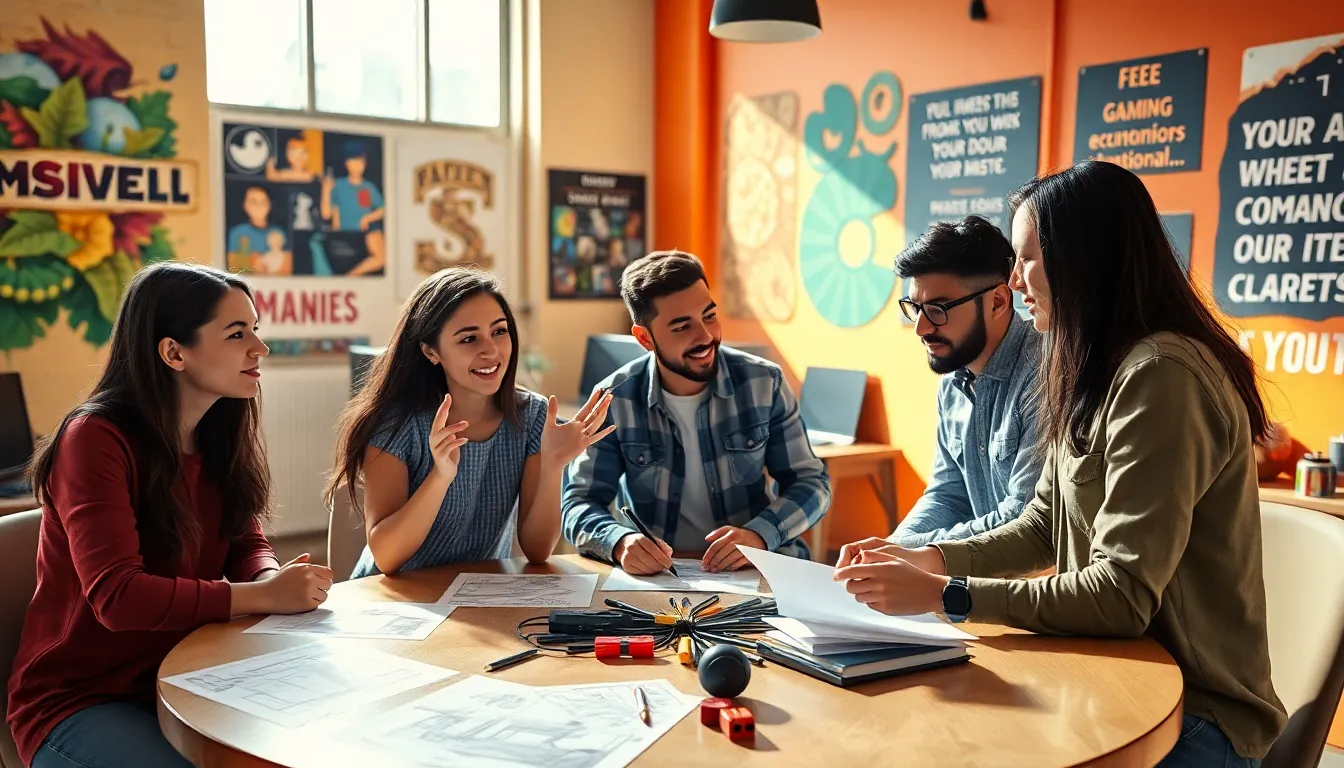 a diverse group collaborating on game designs in a creative studio.