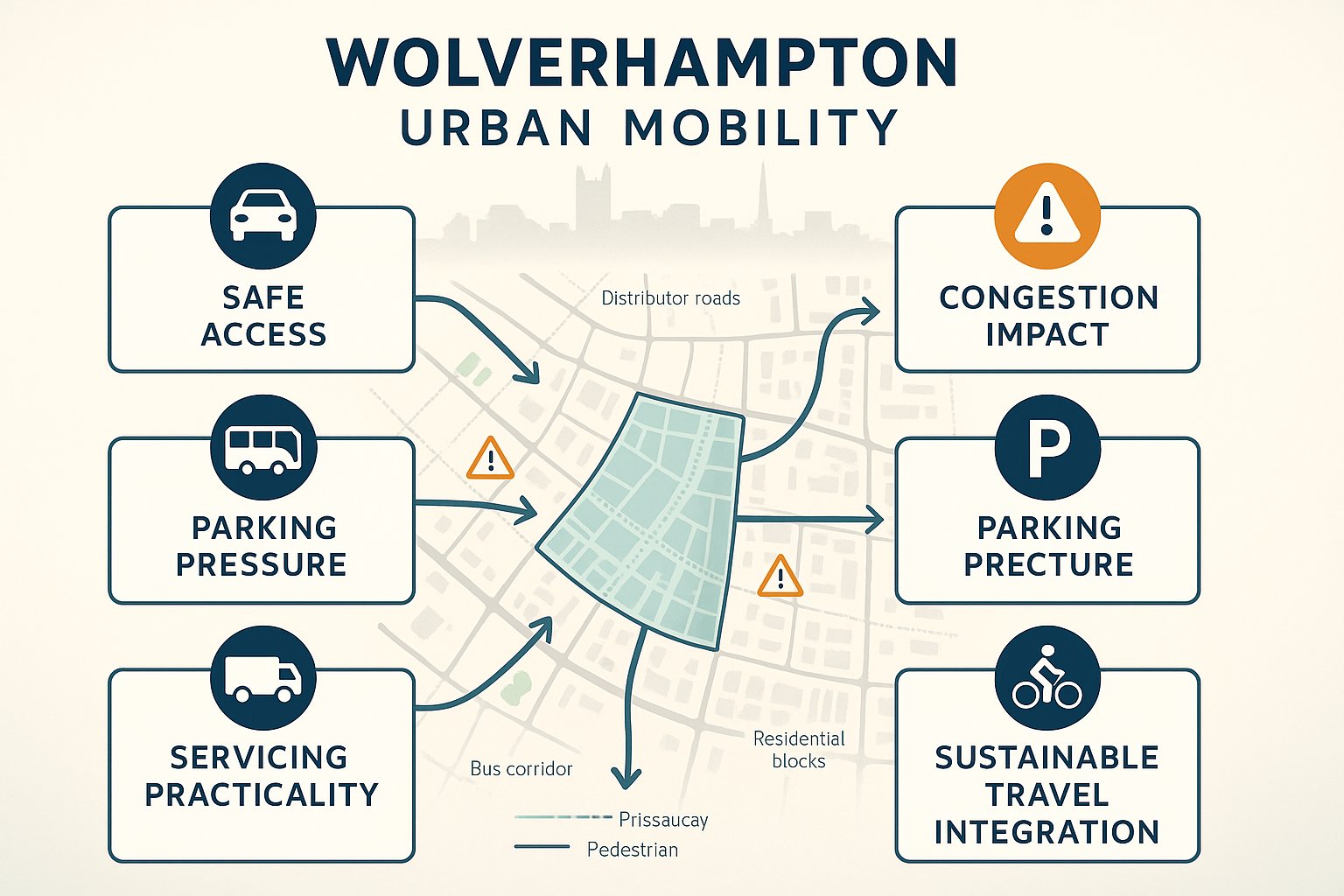 Infographic showing transport planning factors for a development site in Wolverhampton.