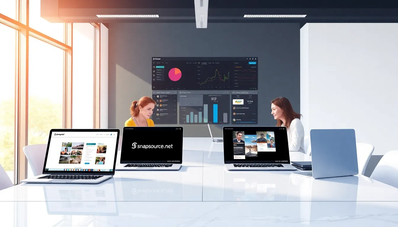 team collaborating in a bright office using Snapsource.net on laptops.