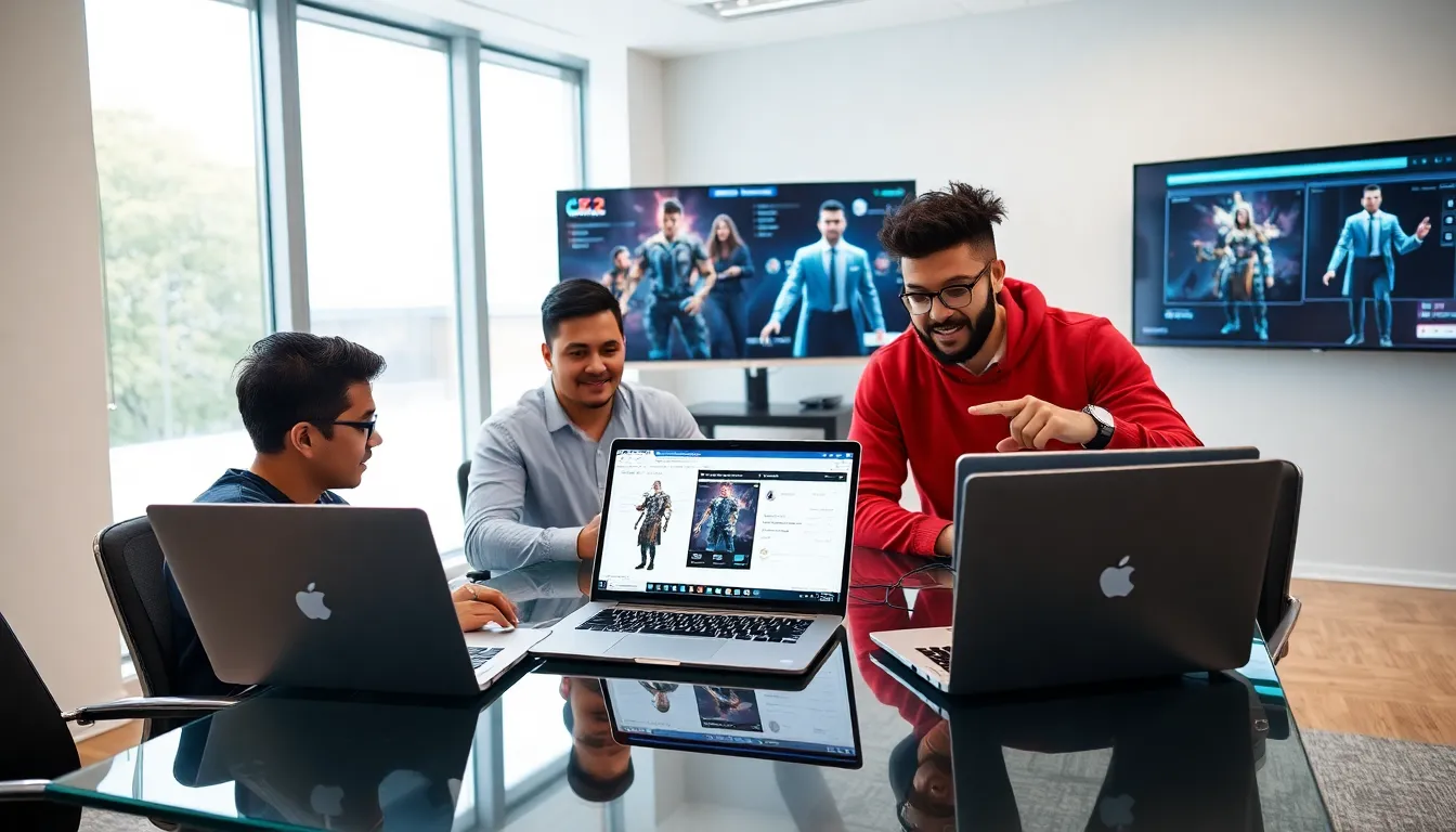diverse gamers customizing characters on laptops in a modern office.