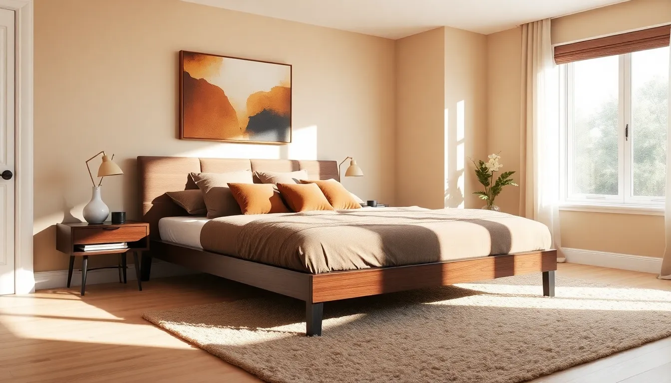 modern bedroom showcasing warm brown paint colors and stylish decor.