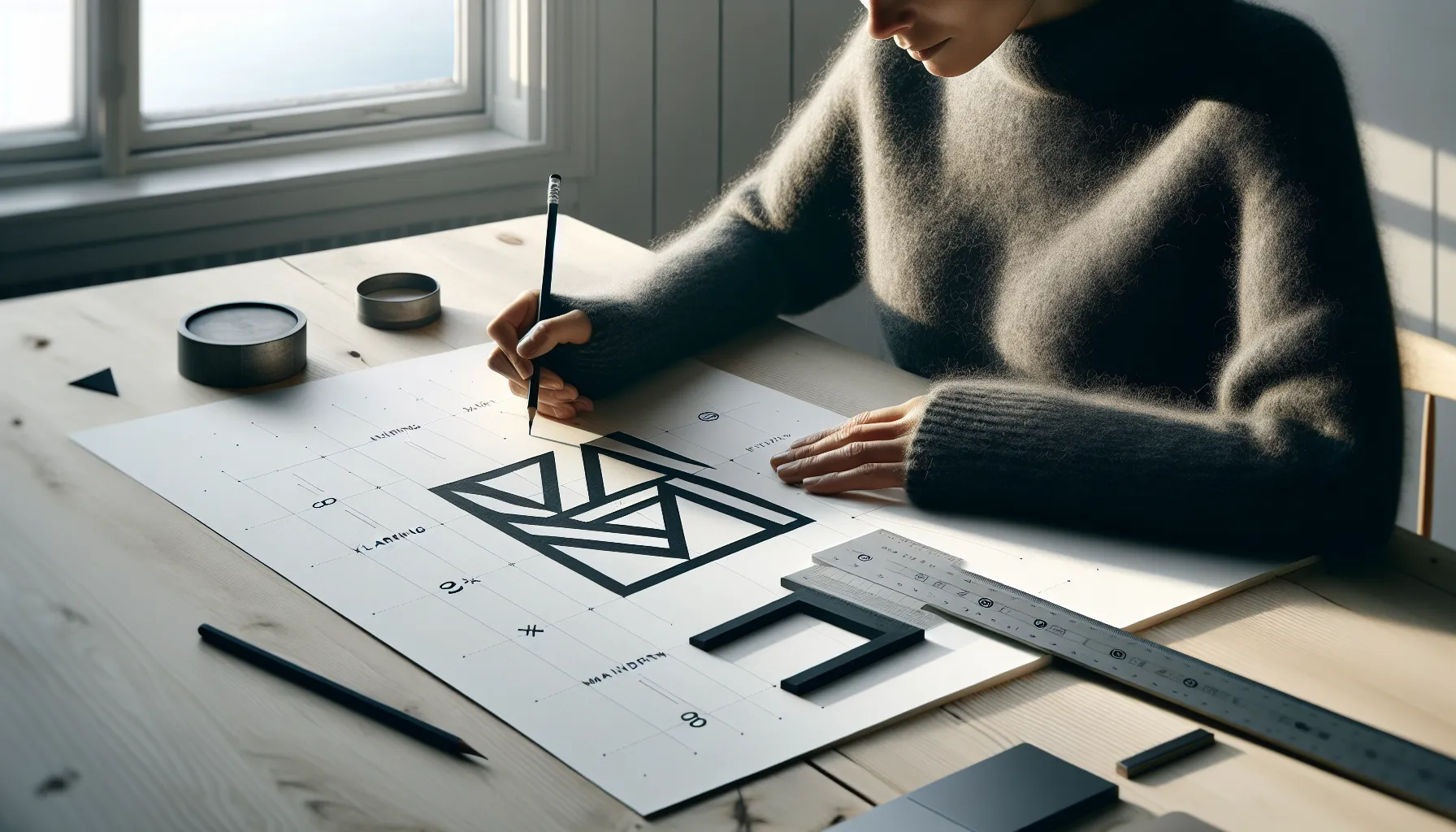 Designer perfecting a black logo on a grid with timeless tests.
