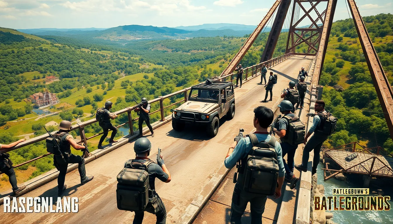 players strategizing on a bridge in a PUBG game setting.