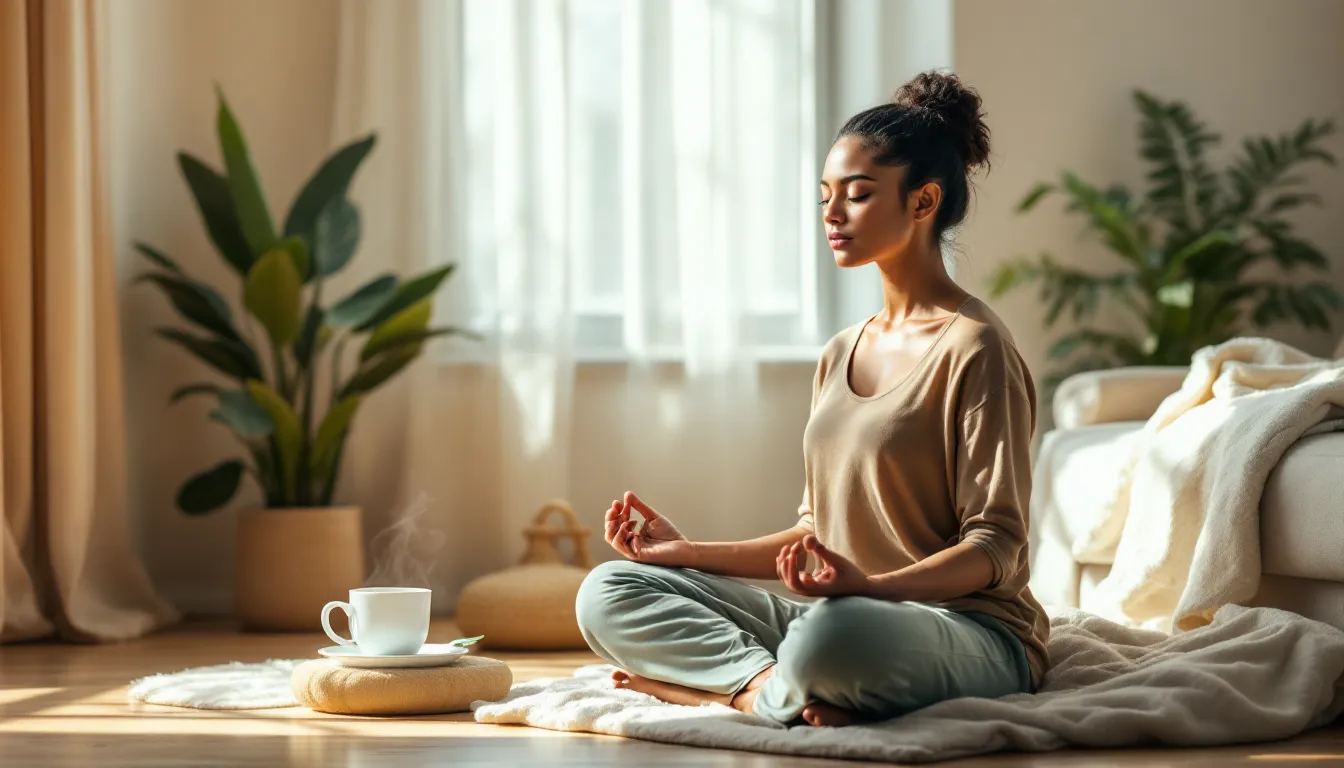 Woman practicing alternate nostril breathing on a cushion in a sunlit room.