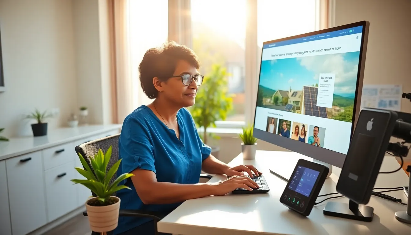 A woman using a computer to explore energy management solutions at home.