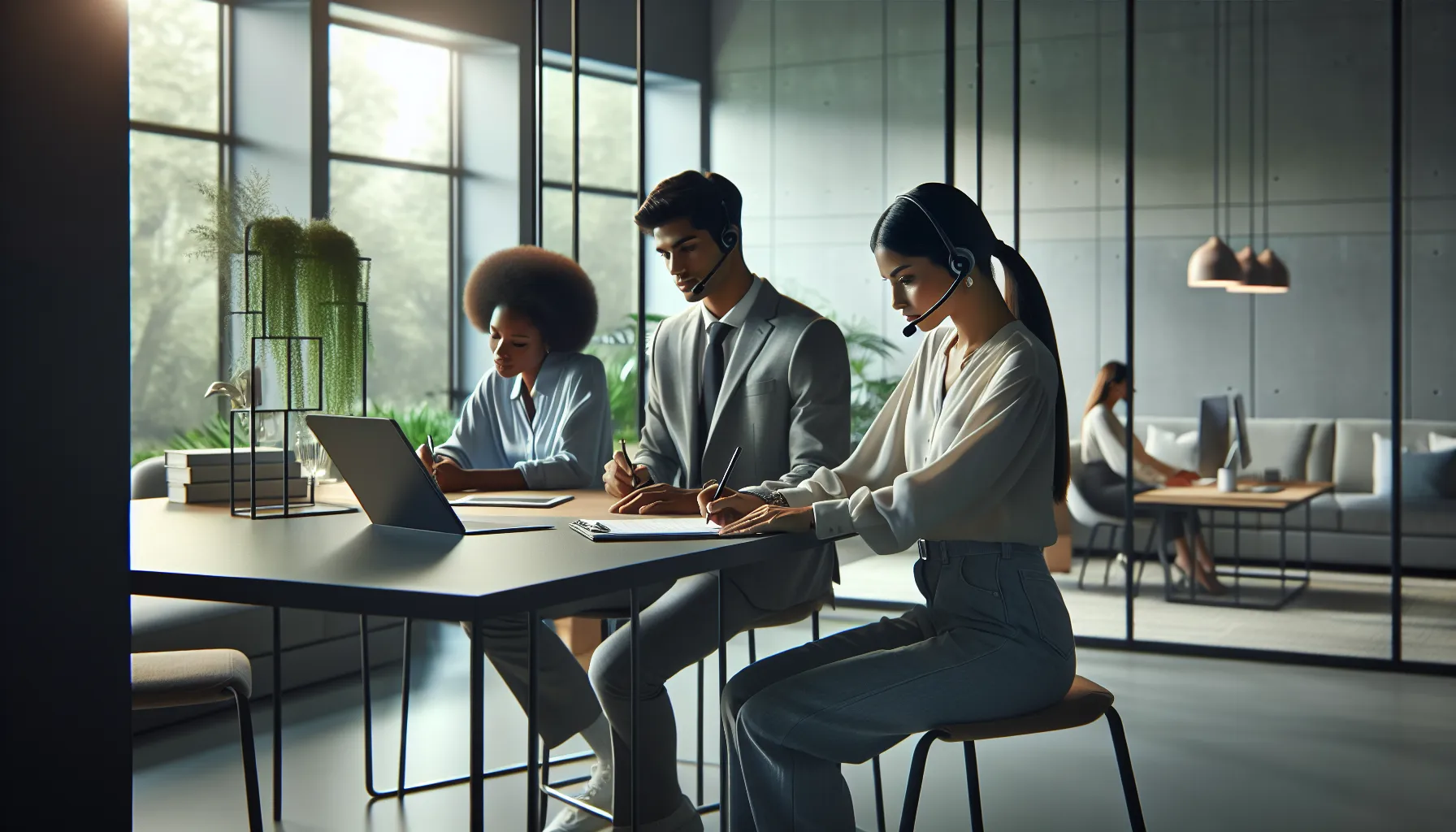 diverse customer service team assisting clients over the phone in an office.