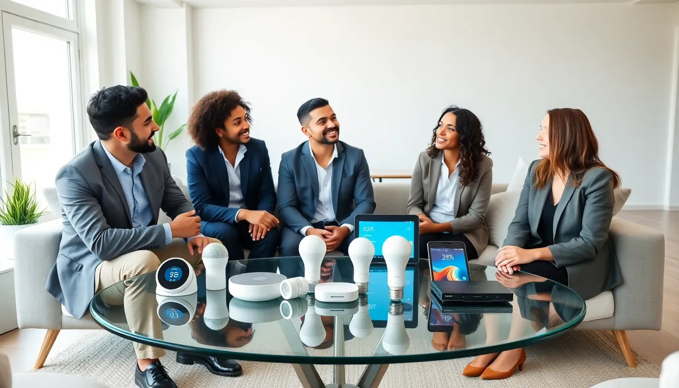 diverse team discussing IoT technology in a smart home setting.