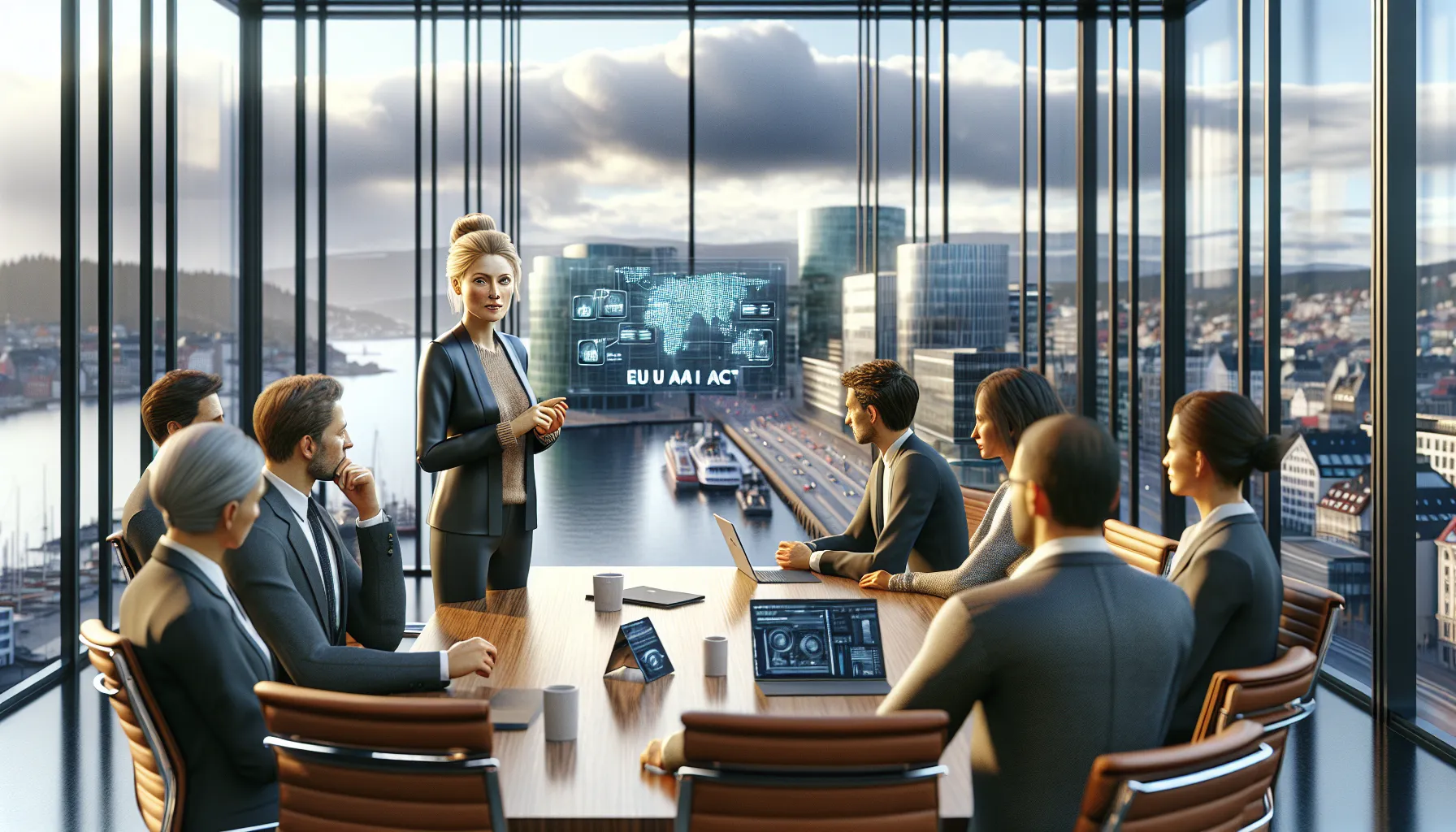 Hvordan eu ai act påvirker norske bedrifter 3 Norwegian professionals discuss eu ai act impacts around a conference table in oslo.