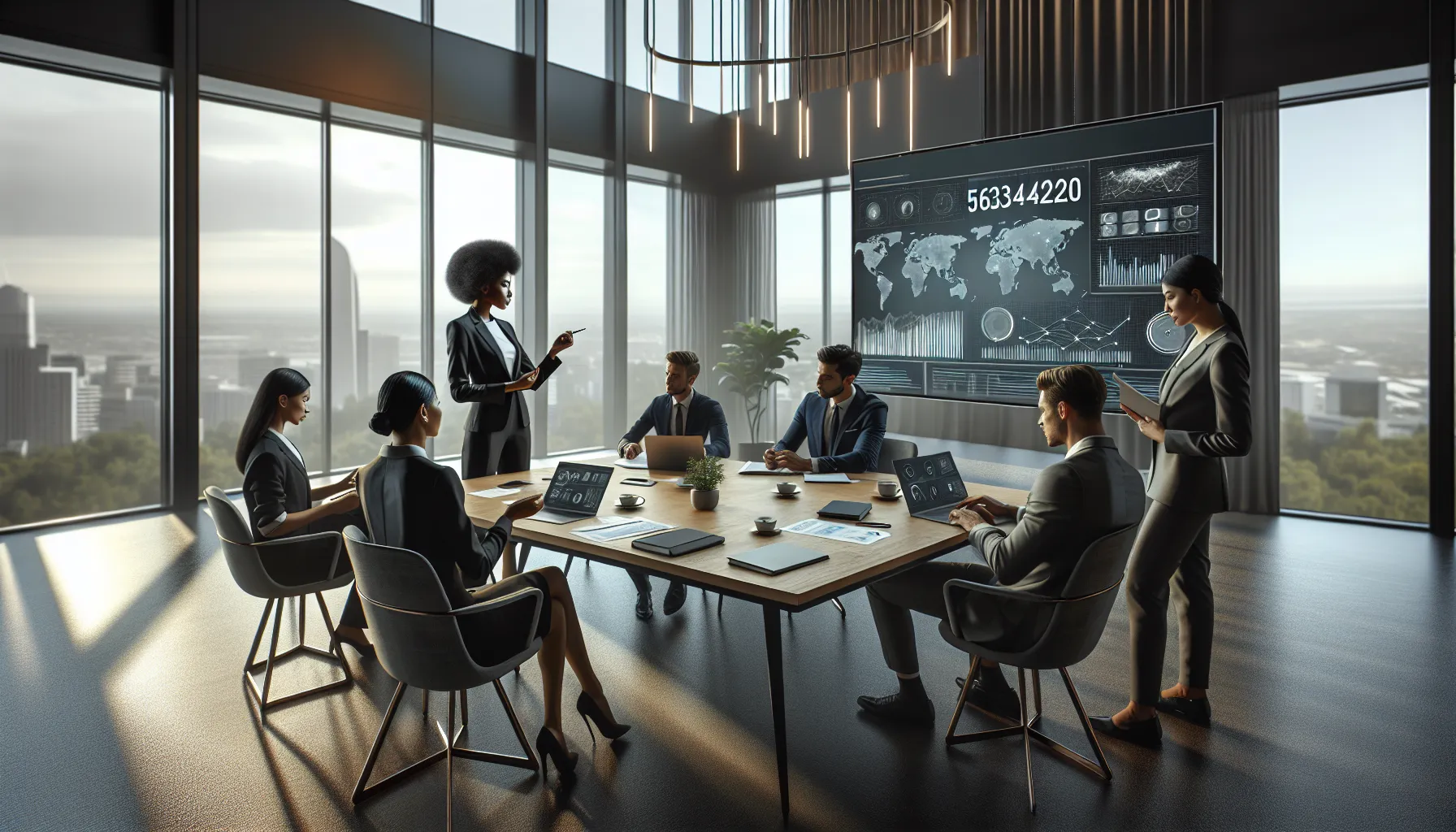 diverse professionals discussing telecommunications data in a modern office.