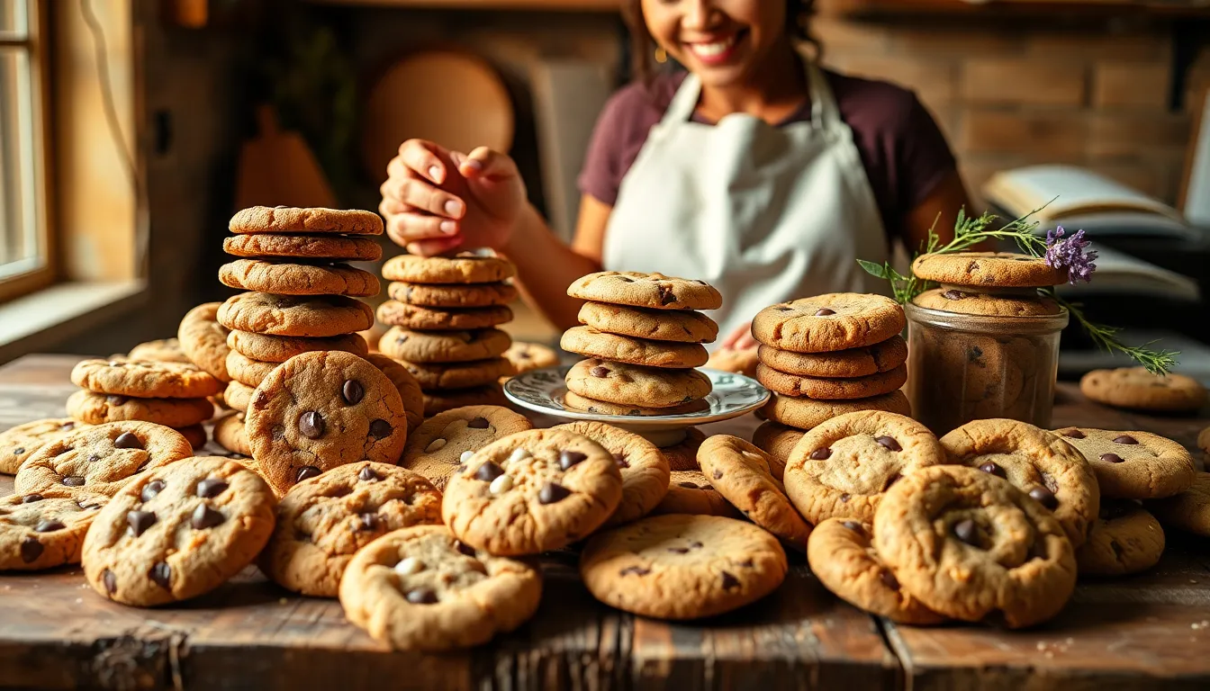 variety of cookies displayed on a rustic table with a baker in an apron.