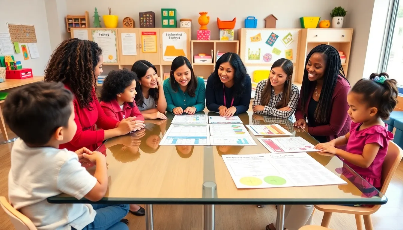 diverse educators discussing early learning standards in a modern classroom.