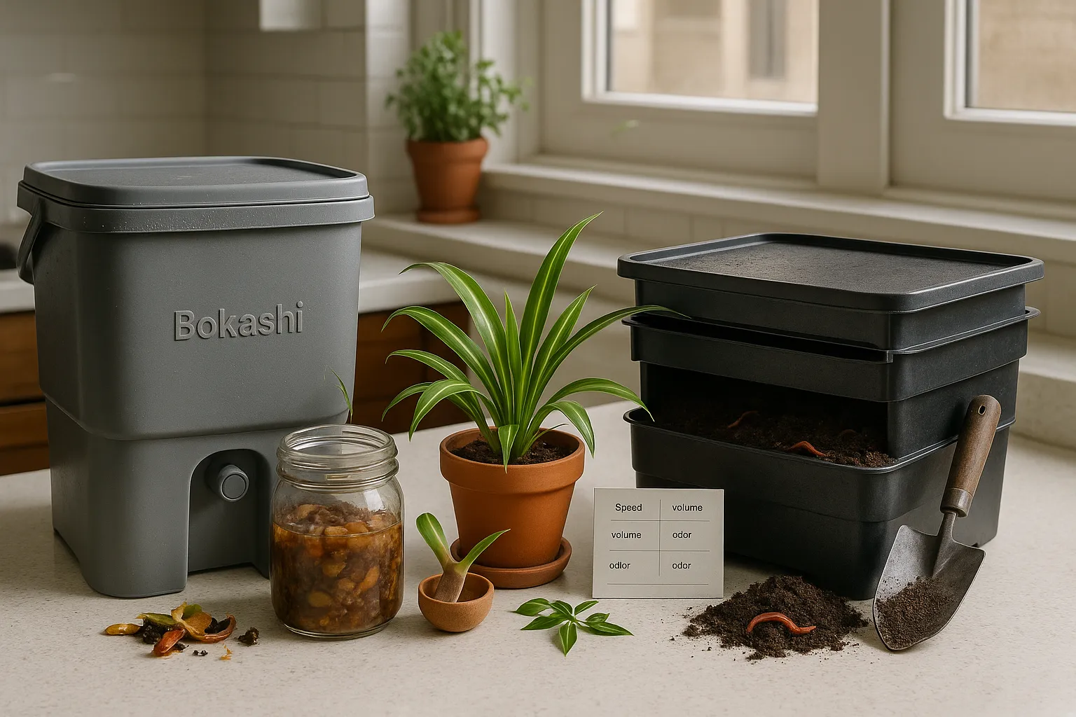 Bokashi bucket and open worm bin side-by-side on a small apartment kitchen countertop.