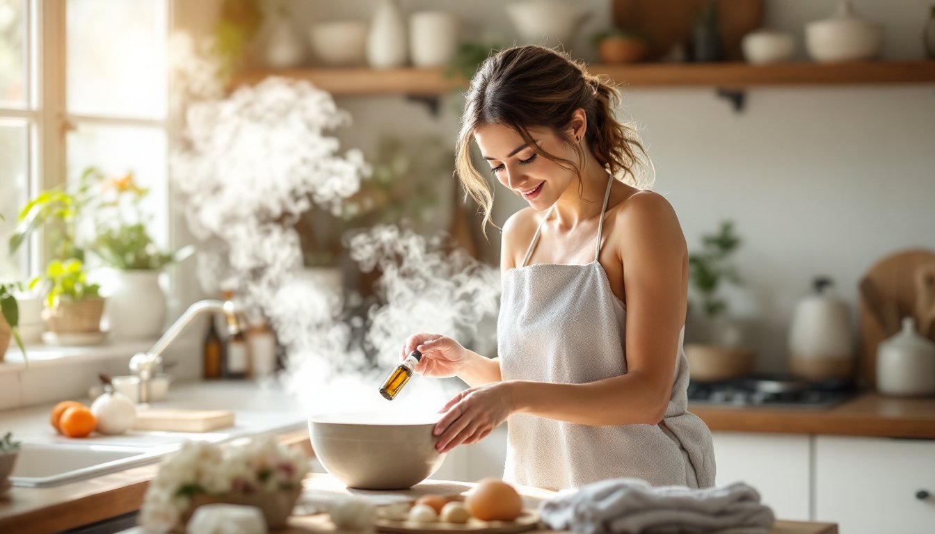 Woman inhaling steam over a bowl with eucalyptus oil and ginger nearby.
