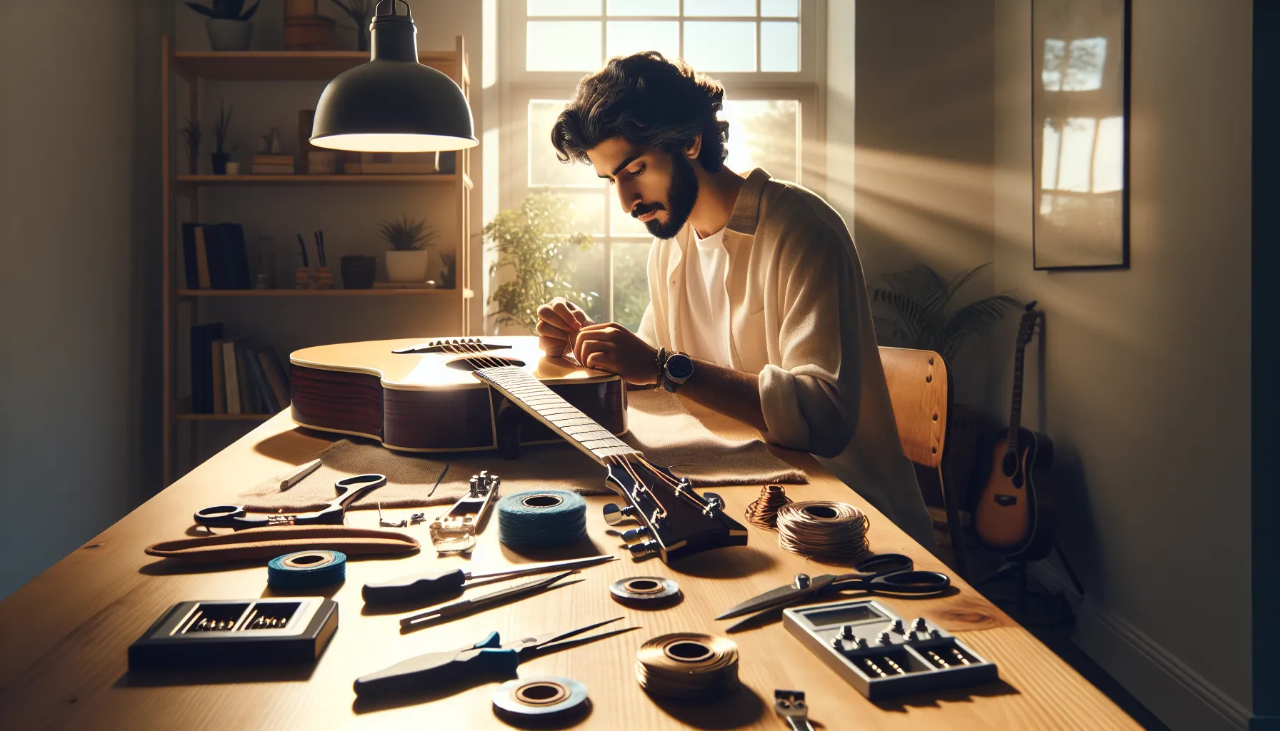 person restringing a guitar in a cozy workshop setting.