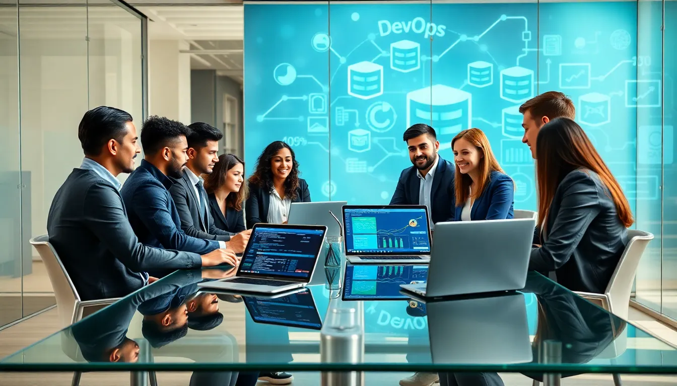 diverse team discussing database DevOps strategies in a modern office.