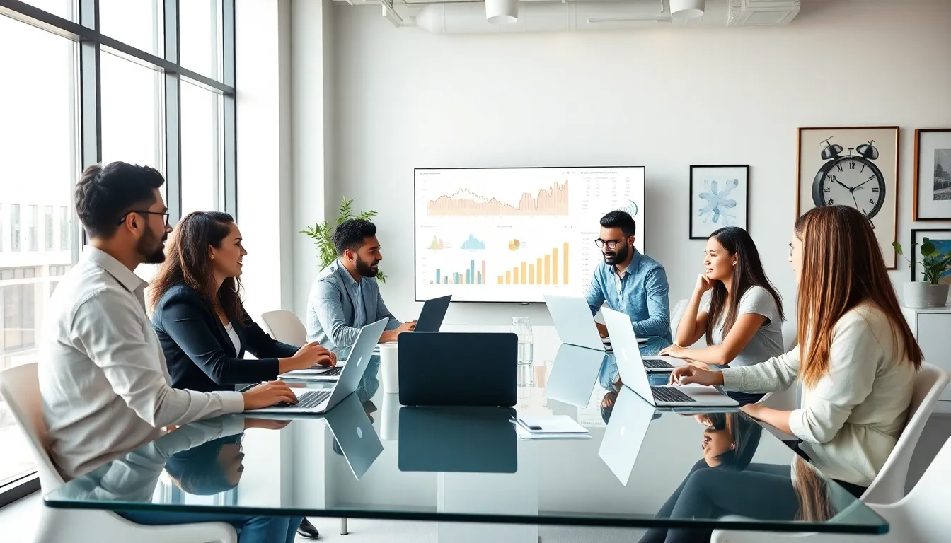 Diverse professionals collaborating in a modern workspace.