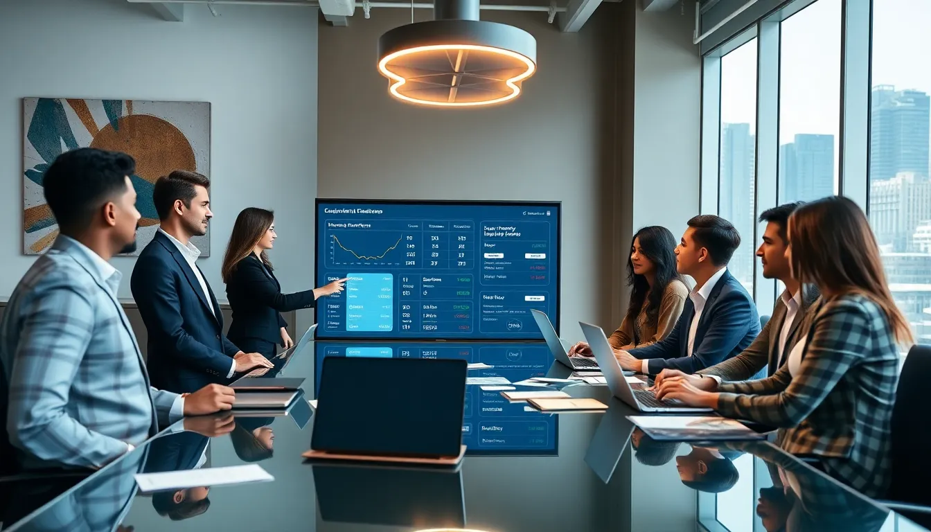 diverse team discussing blockchain solutions in a modern office.