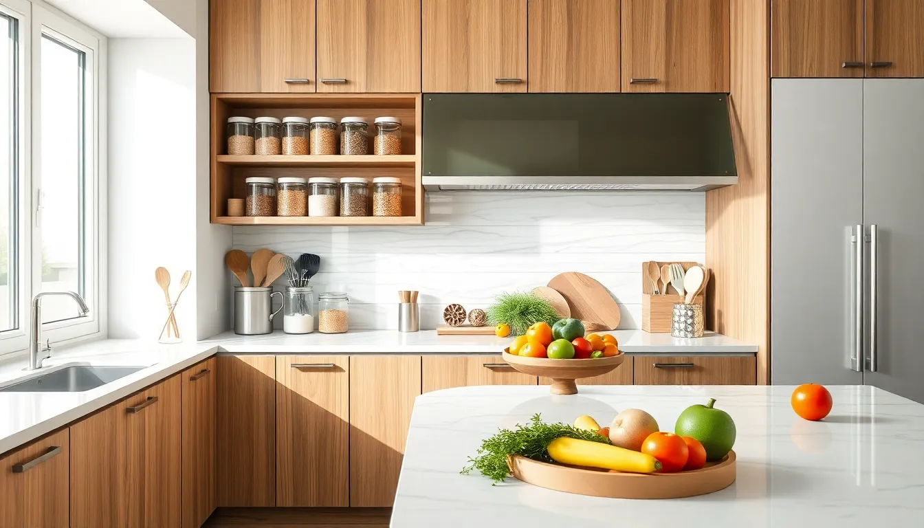 organized kitchen with neatly arranged utensils and fresh produce.