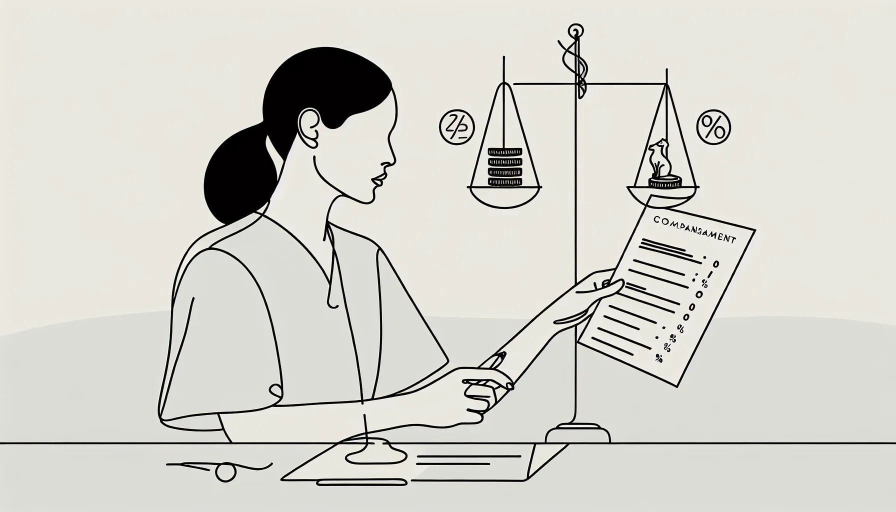 Veterinarian reviewing a compensation contract with a balancing scale and icons of Arkansas Veterinary Contract Review