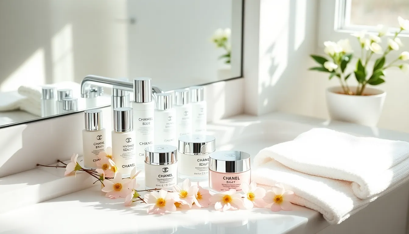 Chanel Hydra Beauty products elegantly displayed on a modern vanity.