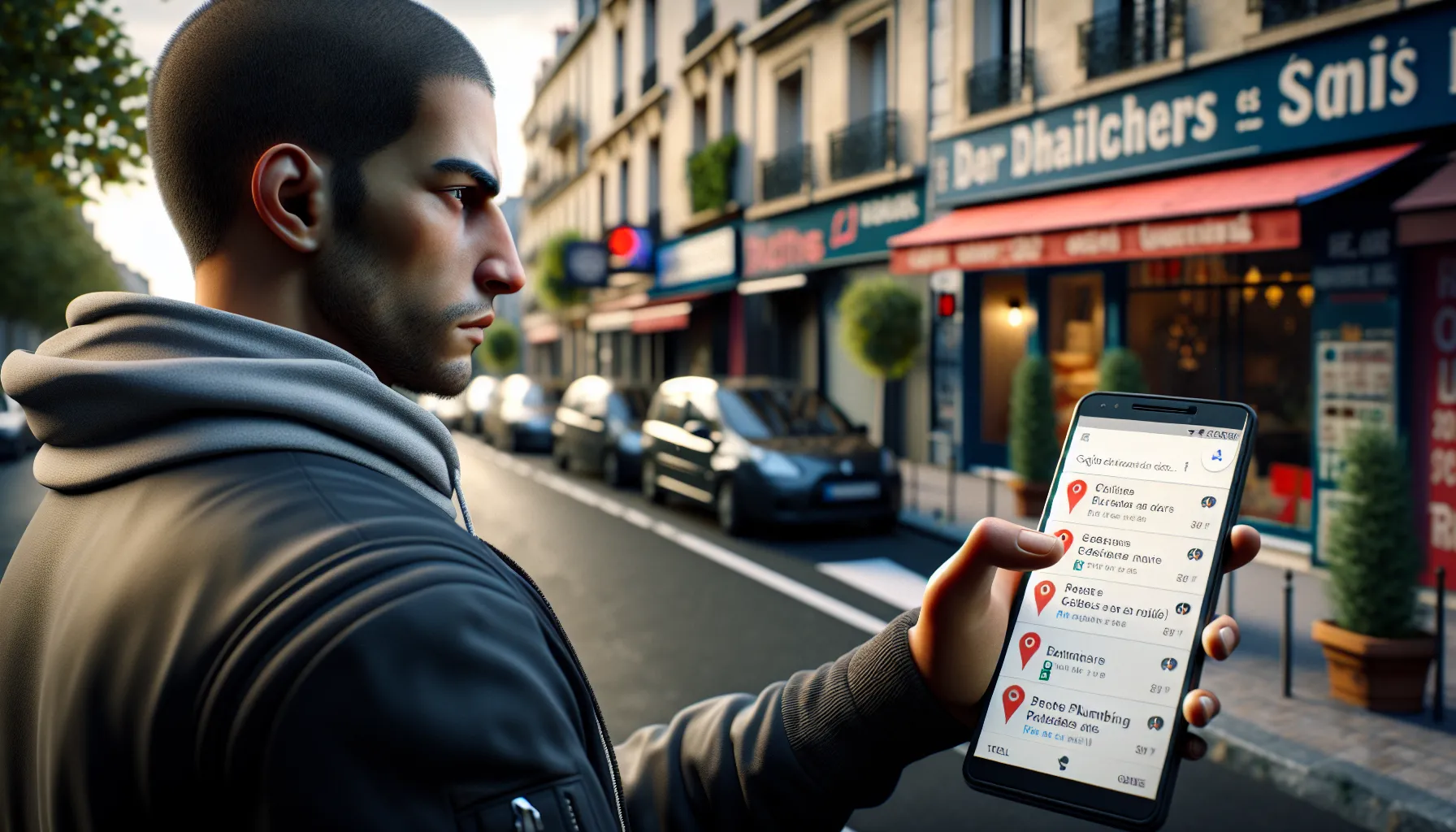 Man in Clichy-sous-Bois using Google Maps on his phone to find local services.
