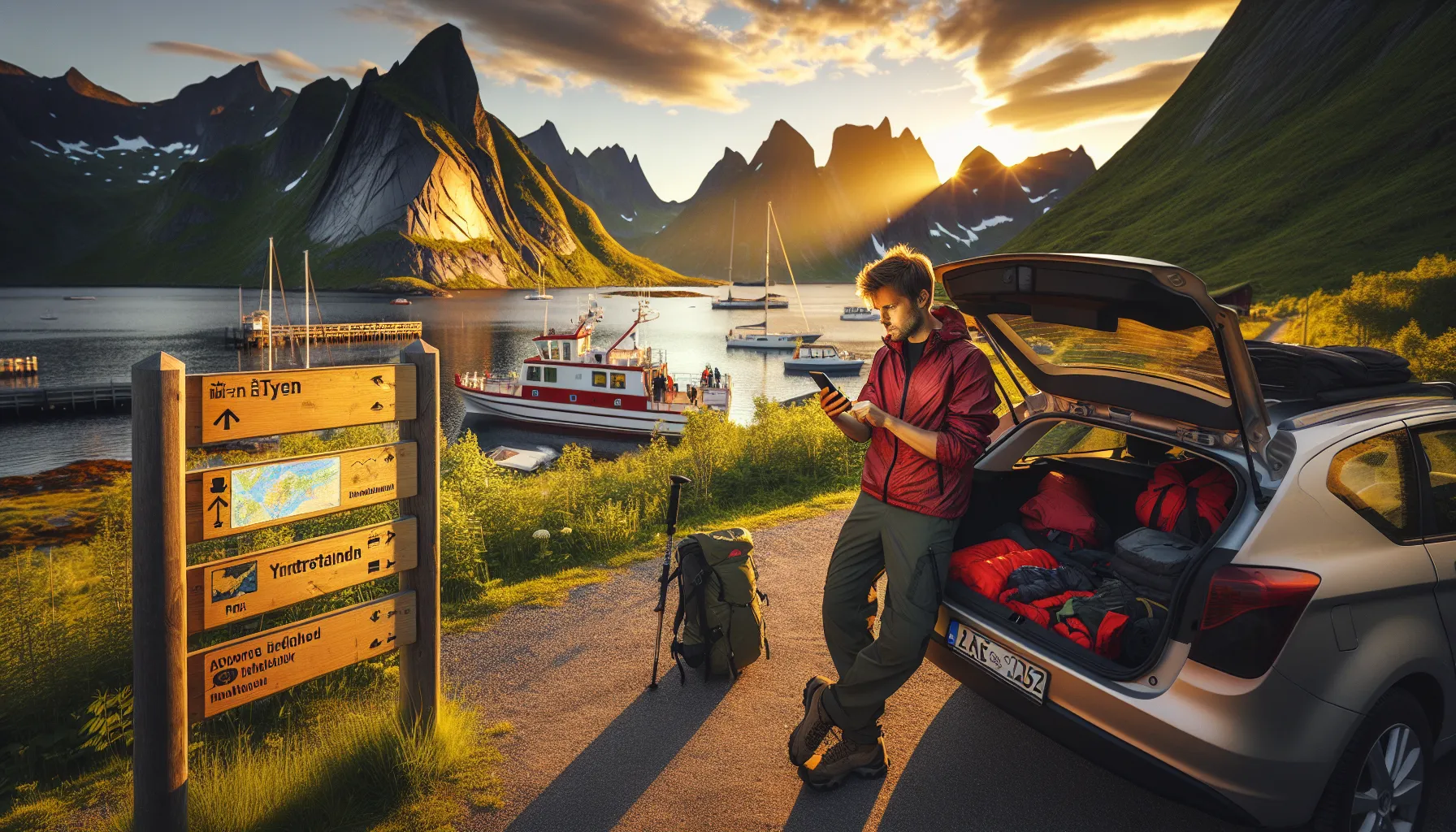 Fjellturer i lofoten: ryten, yttersandheia og helvetestinden 3 Hiker planning lofoten mountain hike at trailhead parking with dramatic fjord mountains.