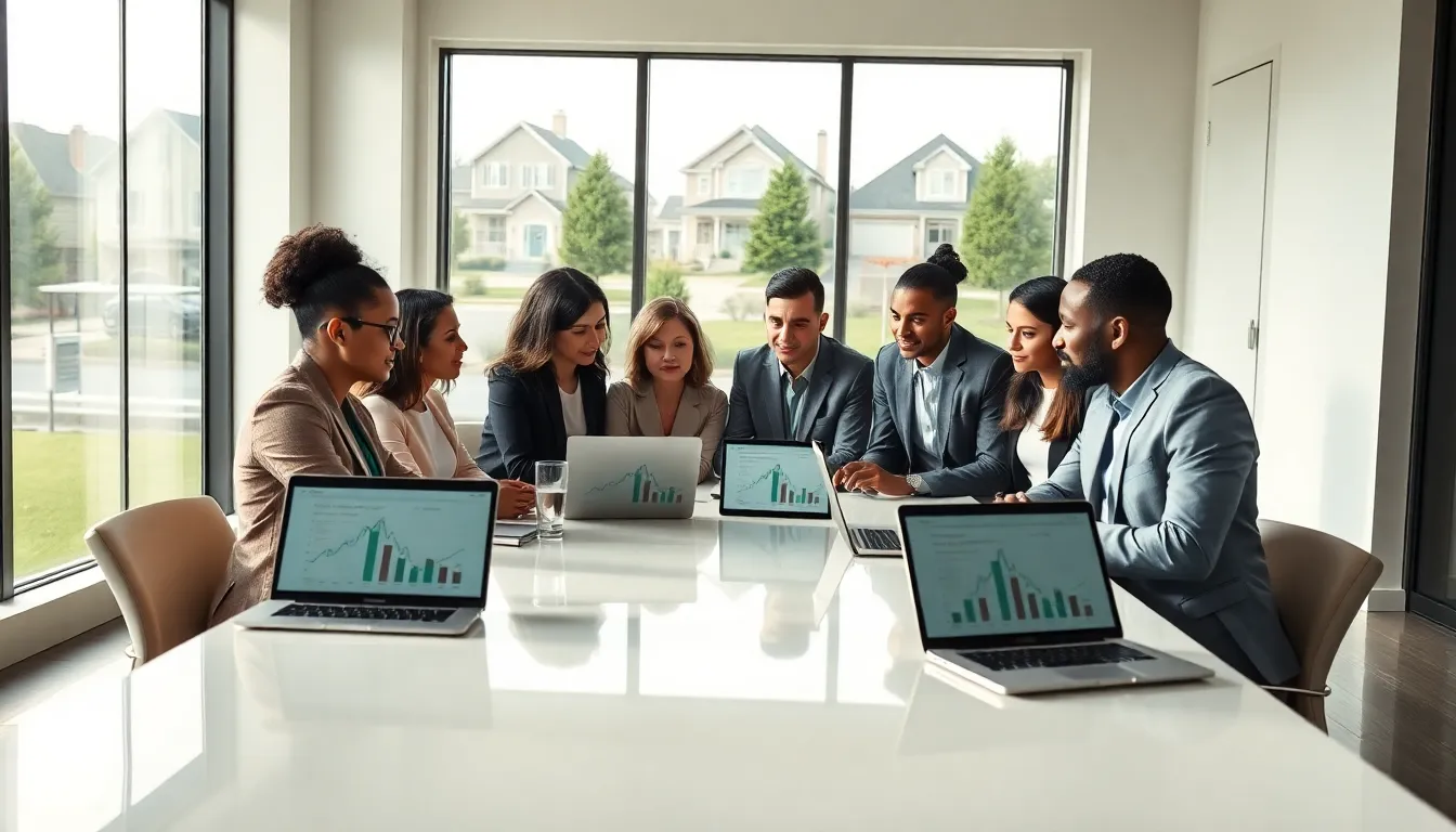 diverse real estate team collaborating in a modern office.