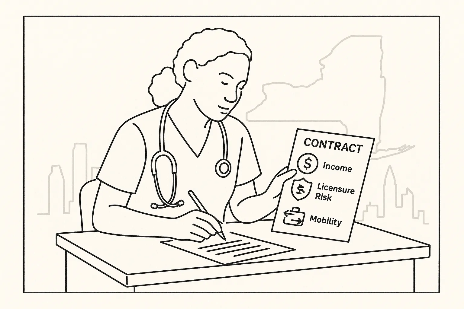 Nurse practitioner reviewing a contract with icons for pay, licensure, and mobility.