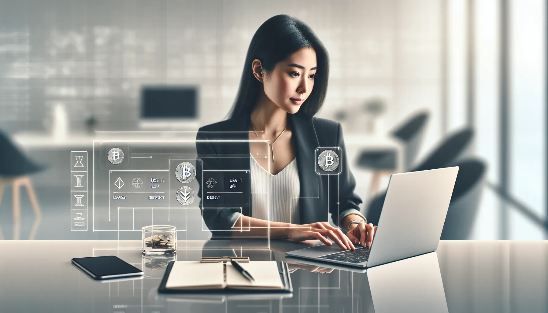 Professional at desk depositing cryptocurrency via laptop and smartphone in modern office setting.