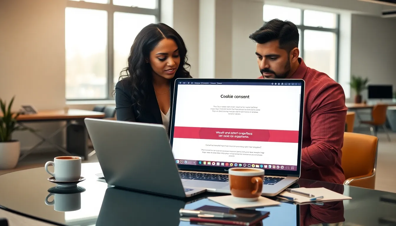 diverse professionals discussing website cookies at a modern desk.