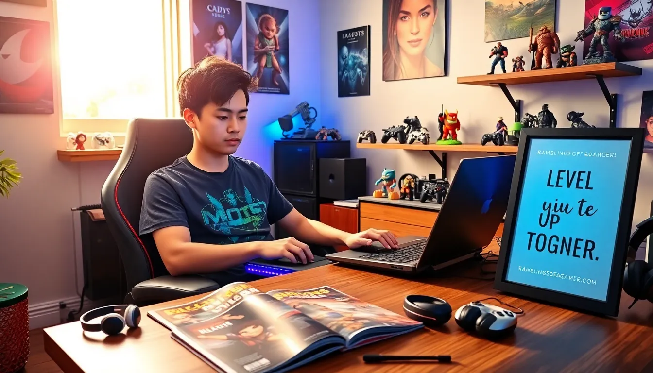 a young gamer in a colorful workspace surrounded by gaming memorabilia.