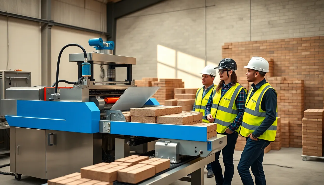 Construction team with brick making machine at a modern U.S. worksite.