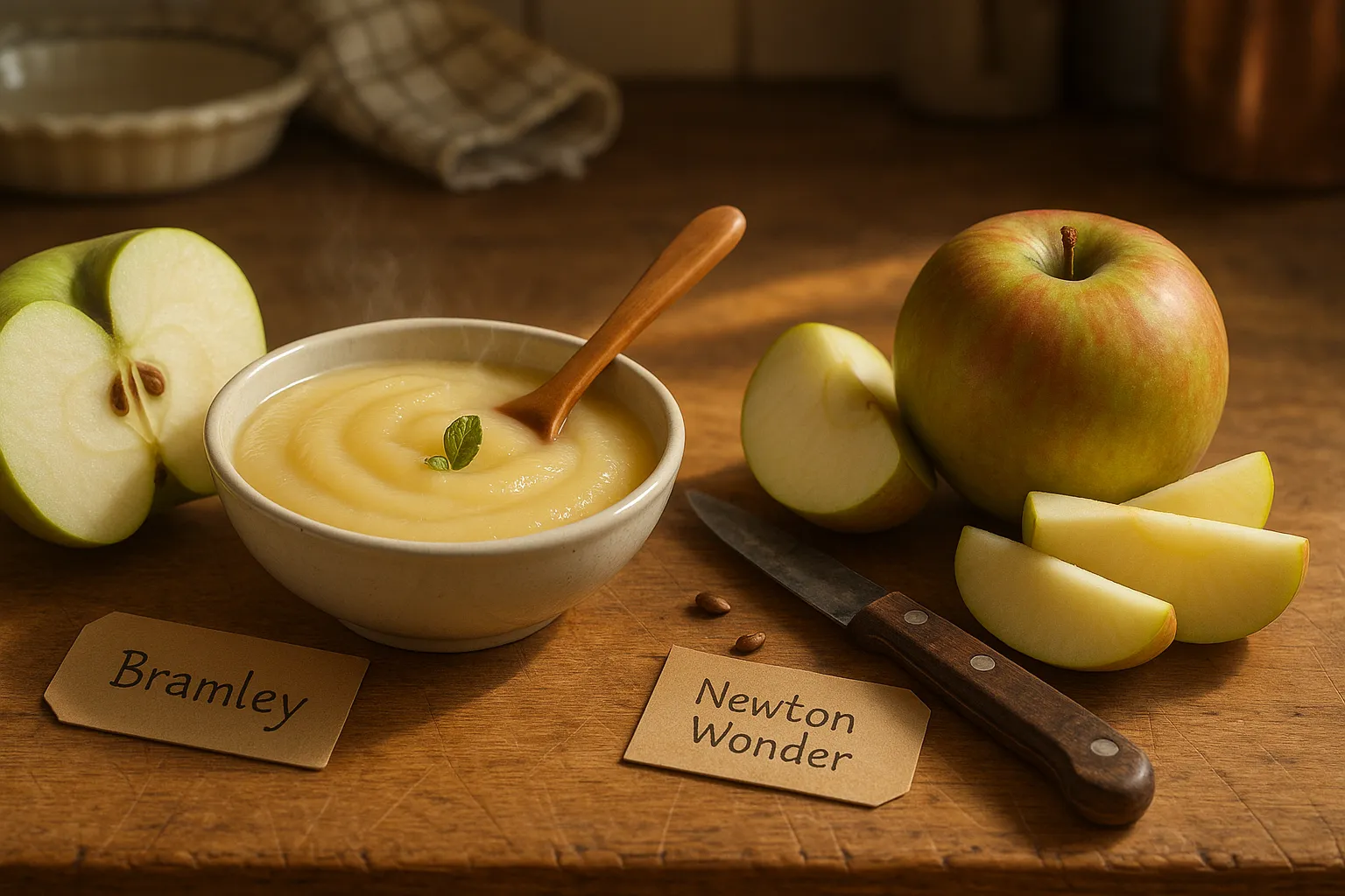 Bramley applesauce beside sliced Newton Wonder apples on a wooden counter.