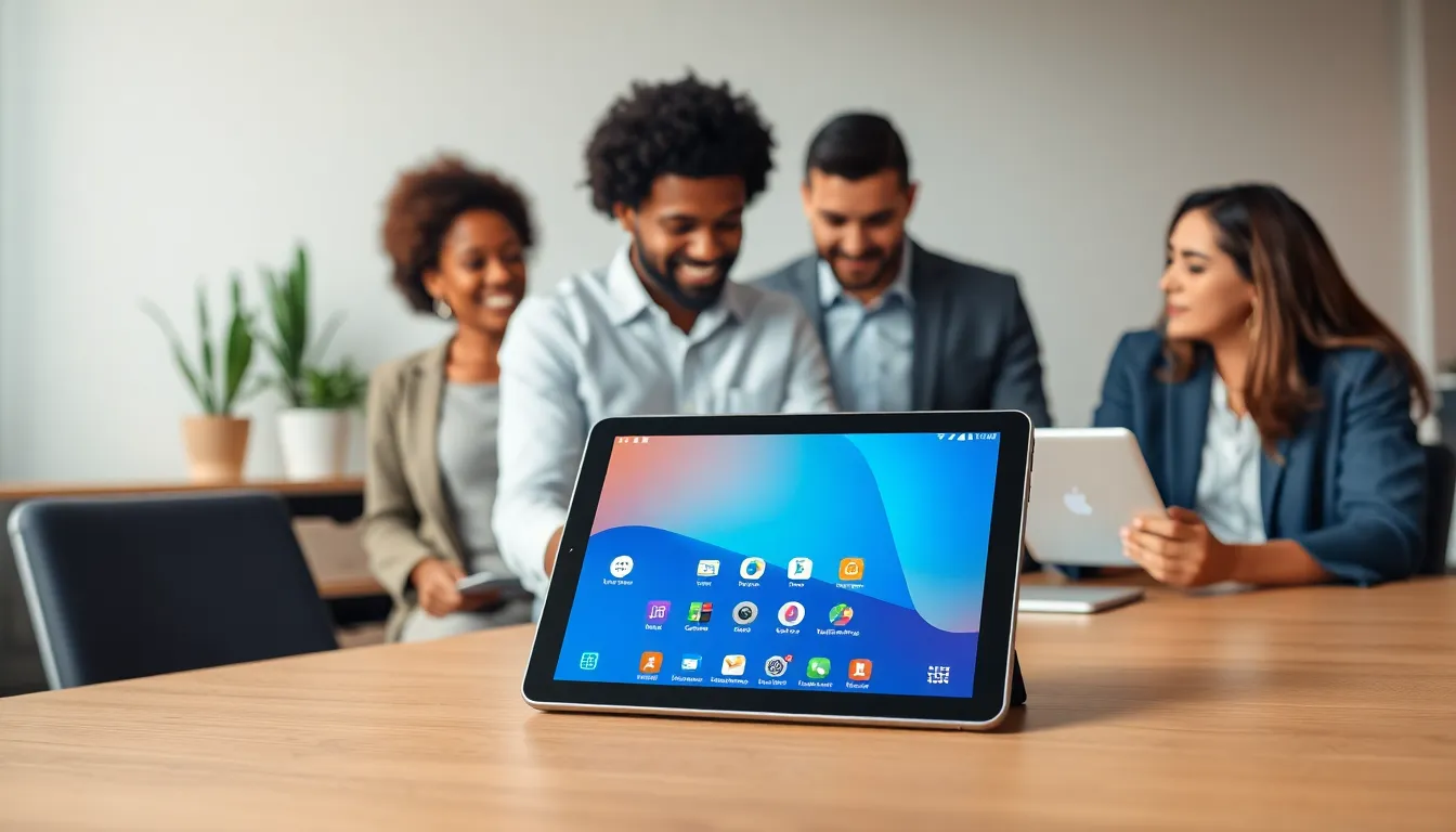 Samsung tablet displayed on a desk in a collaborative office setting.