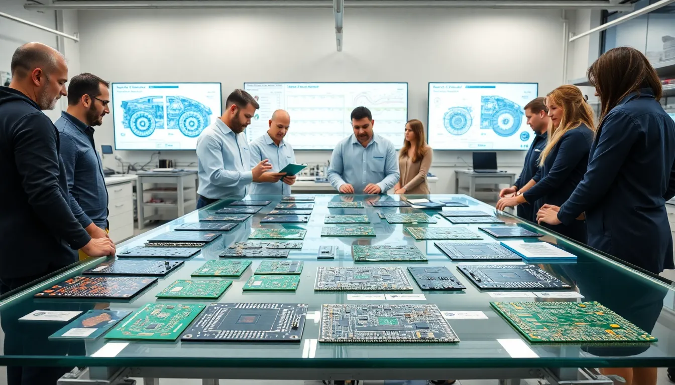 Engineers reviewing various automotive PCB types in a modern manufacturing facility.