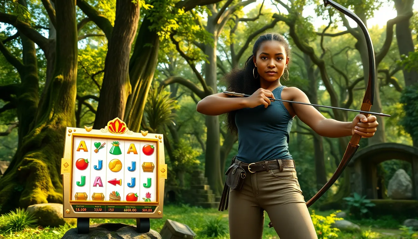 An archer in a forest with a slot machine featuring archery-themed symbols.